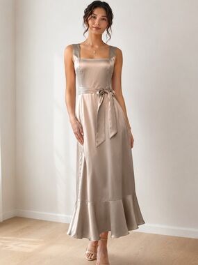 Show Me Your Mumu Champagne Satin Midi Spring Wedding Guest Dress XS NWT
